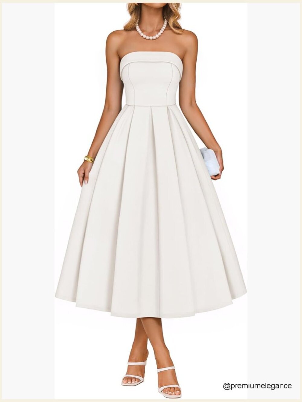 Strapless A-Line Midi Dress, High Waist, Pleated, Zipper Back, Cocktail Party